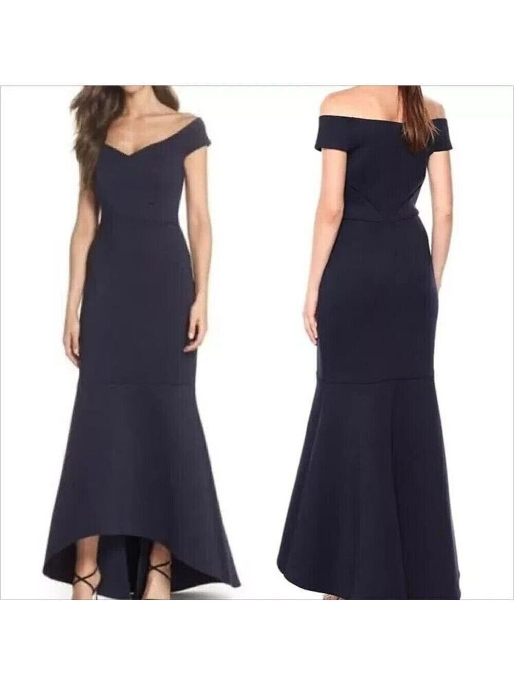 Eliza J Hi-Low Mermaid Scuba Knit Gown Dress Sz 4 Navy Blue Off the Shoulder